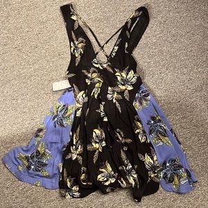 Free People Thought I Was Dreaming Black And Blue Floral Mini Dress